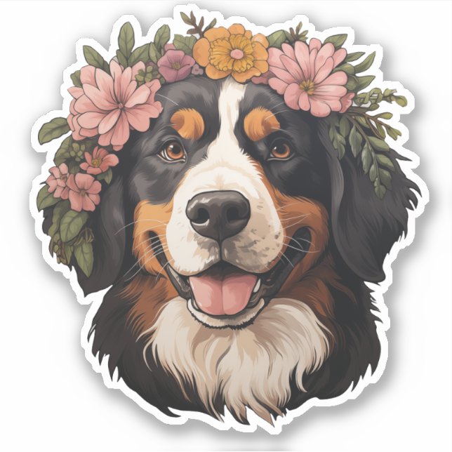 Bernese Mountain Dog with Flowers Sticker (Front)
