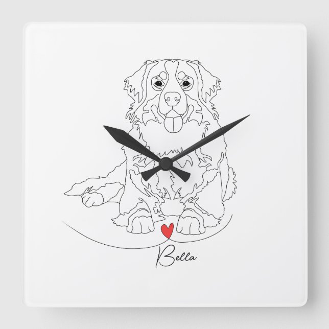 Bernese Mountain Dog with Heart Line Art Square Wall Clock (Front)