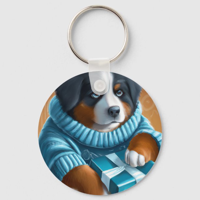 Bernese Mountain Dog With Holiday Present Key Ring (Front)