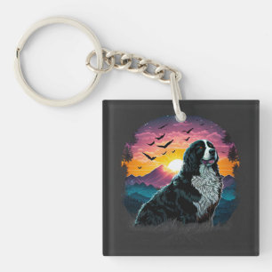 Bernese Mountain Dog with Mountain Sunrise view Key Ring