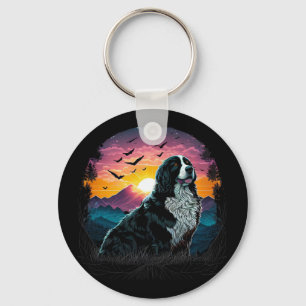 Bernese Mountain Dog with Mountain Sunrise view Key Ring