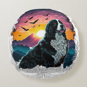 Bernese Mountain Dog with Mountain Sunrise view Round Cushion