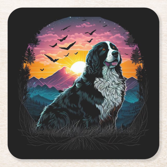 Bernese Mountain Dog with Mountain Sunrise view Square Paper Coaster (Front)