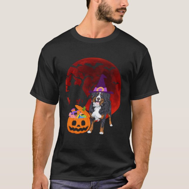 Bernese Mountain Dog with witch hat Candy Pumpkin  T-Shirt (Front)