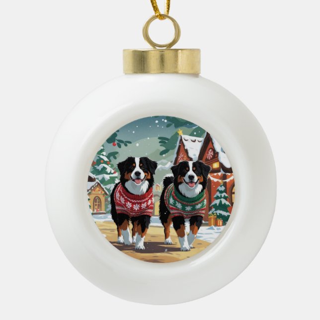 Bernese Mountain Dogs Christmas Snow Holiday Ceramic Ball Christmas Ornament (Front)