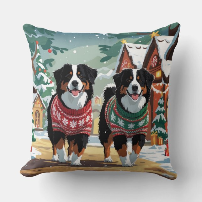 Bernese Mountain Dogs Christmas Snow Holiday Cushion (Front)