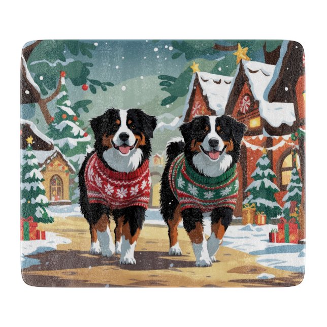 Bernese Mountain Dogs Christmas Snow Holiday Cutting Board (Front)