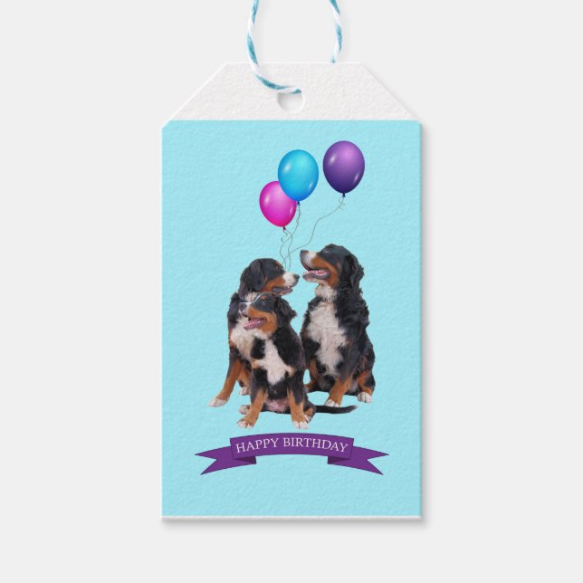 Bernese Mountain Dogs Happy Birthday Gift Tag (Front)