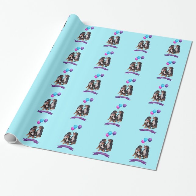 Bernese Mountain Dogs Happy Birthday Wrapping Paper (Unrolled)