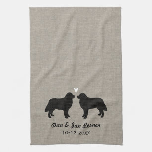 Bernese Mountain Dogs with Heart and Text Tea Towel
