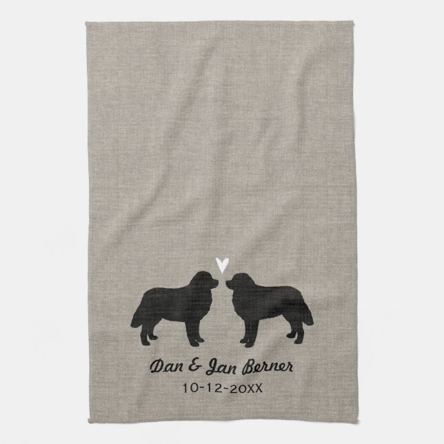 Bernese Mountain Dogs with Heart and Text Tea Towel (Vertical)