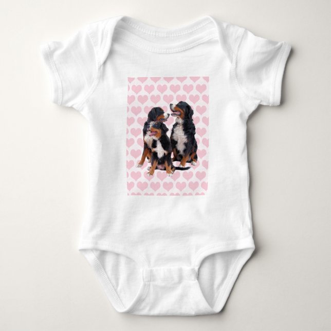 Bernese Mountain Dogs with Pink Hearts Baby Bodysuit (Front)