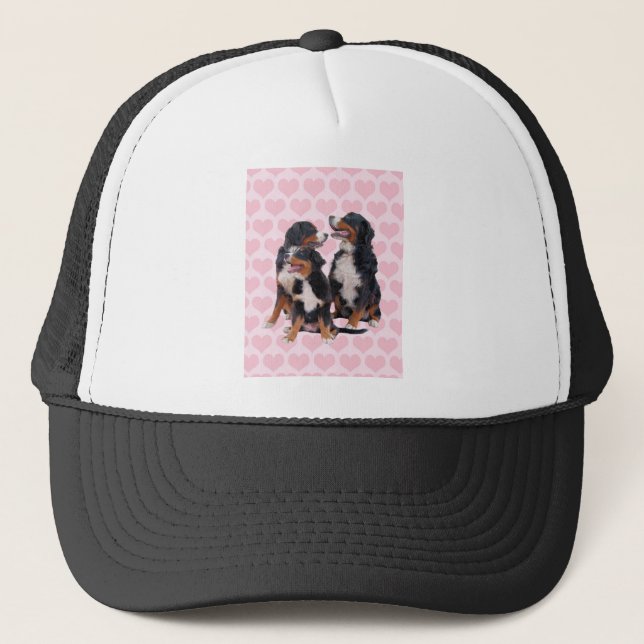 Bernese Mountain Dogs with Pink Hearts Trucker Hat (Front)