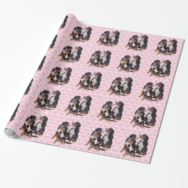 Bernese Mountain Dogs with Pink Hearts Wrapping Paper (Unrolled)