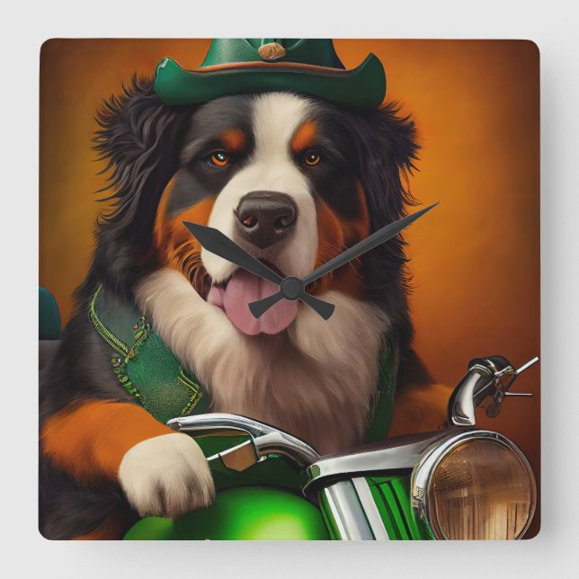Bernese Mountain Driving Bike St. Patrick's Day Square Wall Clock (Front)
