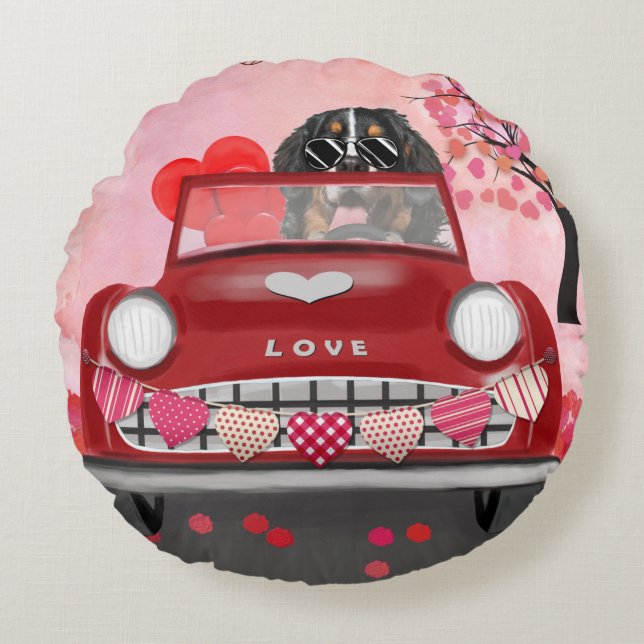 Bernese Mountain Driving Car with Hearts Valentine Round Cushion (Front)