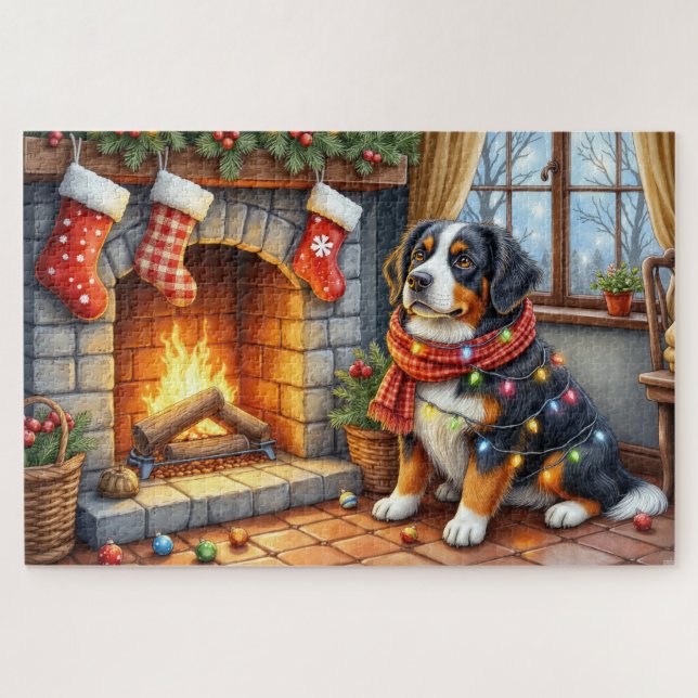 Bernese Mountain Fireplace with Christmas Lights Jigsaw Puzzle (Horizontal)