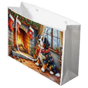 Bernese Mountain Fireplace with Christmas Lights Large Gift Bag
