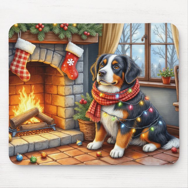 Bernese Mountain Fireplace with Christmas Lights Mouse Pad (Front)