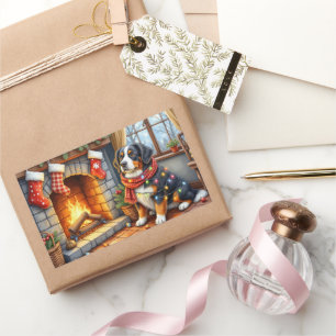 Bernese Mountain Fireplace with Christmas Lights Rectangular Sticker