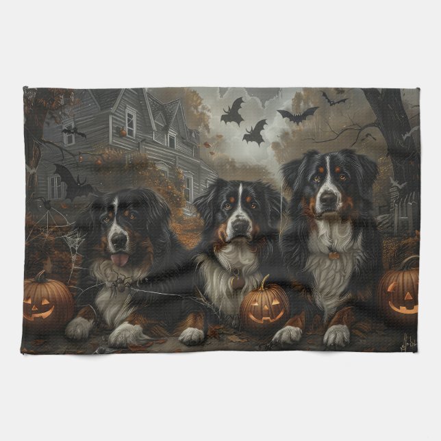 Bernese Mountain Halloween Night Doggy Delight Tea Towel (Horizontal)