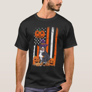 Bernese Mountain Halloween USA Flag Witch Hat Dog T-Shirt