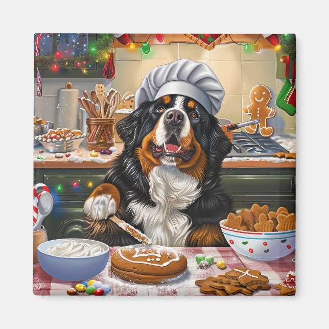 Bernese Mountain Holiday Baking: Festive Christmas Magnet (Front)