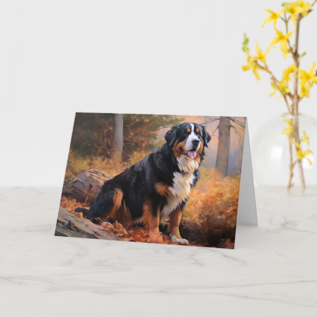 Bernese Mountain in Autumn Leaves Fall Inspire  Card (Yellow Flower)