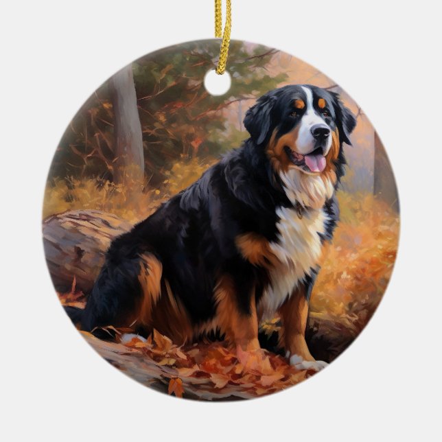 Bernese Mountain in Autumn Leaves Fall Inspire  Ceramic Ornament (Front)