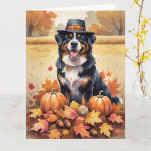Bernese Mountain In Autumn Leaves Thanksgiving Art Card