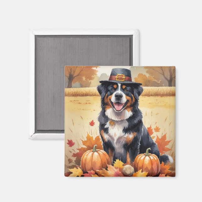 Bernese Mountain In Autumn Leaves Thanksgiving Art Magnet (Front/Back)