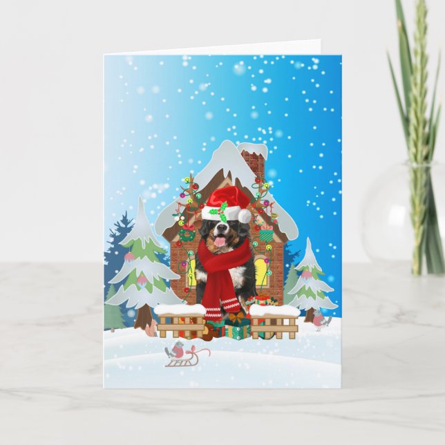Bernese Mountain in snow with Christmas gifts Card (Front)