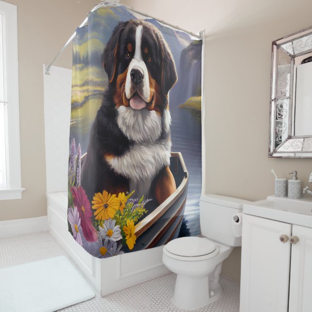 Bernese Mountain on a Paddle: A Scenic Adventure Shower Curtain (In Situ)