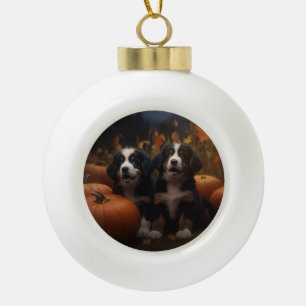 Bernese Mountain Puppy Autumn Delight Pumpkin Ceramic Ball Christmas Ornament