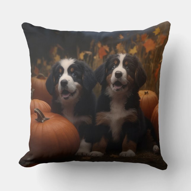 Bernese Mountain Puppy Autumn Delight Pumpkin Cushion (Front)