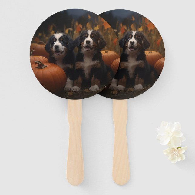 Bernese Mountain Puppy Autumn Delight Pumpkin Hand Fan (Front and Back)