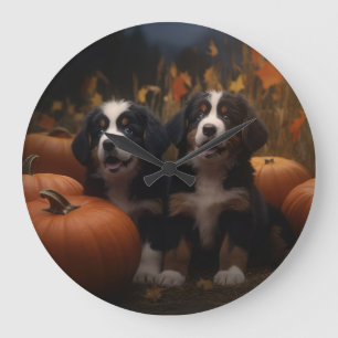 Bernese Mountain Puppy Autumn Delight Pumpkin Large Clock