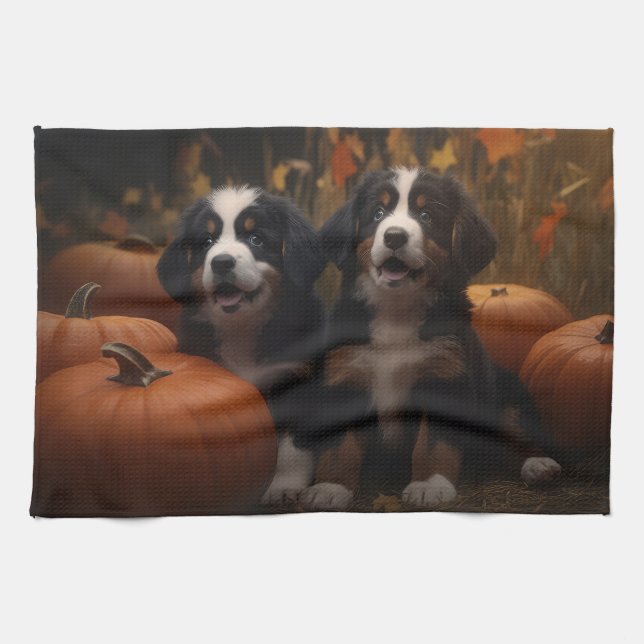 Bernese Mountain Puppy Autumn Delight Pumpkin Tea Towel (Horizontal)