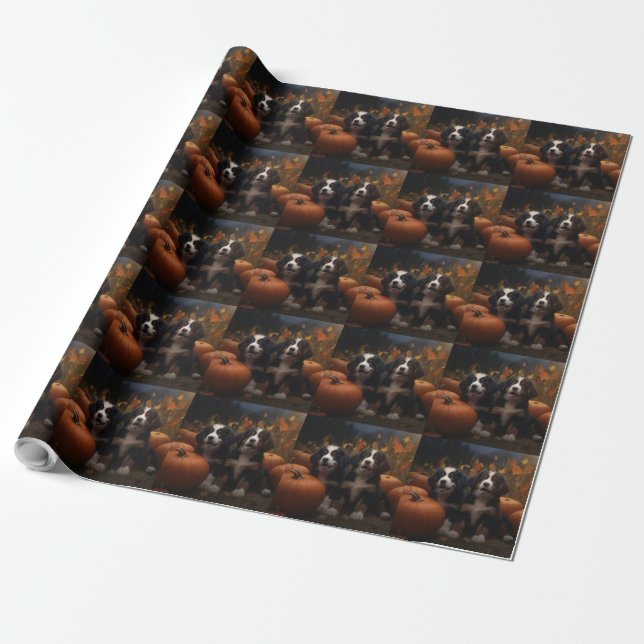 Bernese Mountain Puppy Autumn Delight Pumpkin Wrapping Paper (Unrolled)
