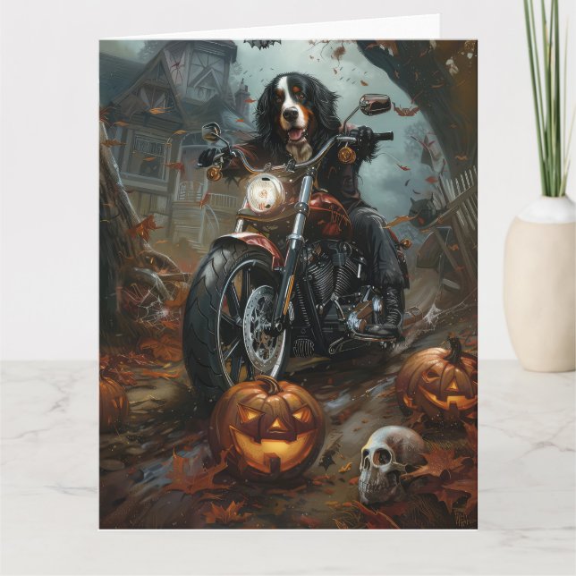 Bernese Mountain Riding Motorcycle Halloween Scary Card (Front)