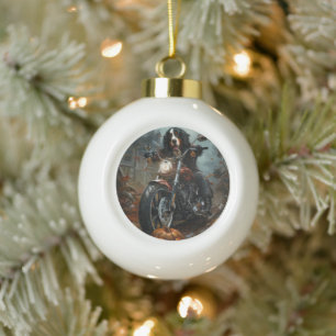 Bernese Mountain Riding Motorcycle Halloween Scary Ceramic Ball Christmas Ornament