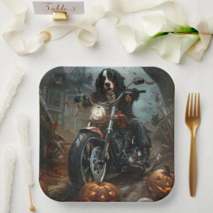 Bernese Mountain Riding Motorcycle Halloween Scary Paper Plate