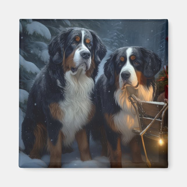 Bernese Mountain Snowy Sleigh Christmas Decor  Magnet (Front)