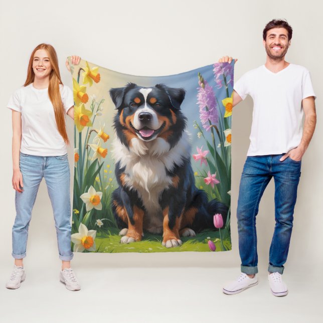 Bernese Mountain Spring Flowers Painting Fleece Blanket (In Situ)