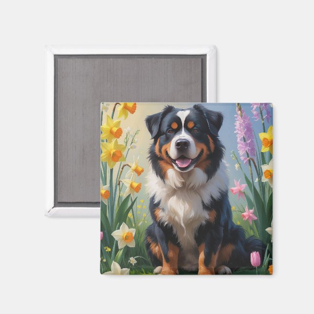 Bernese Mountain Spring Flowers Painting Magnet (Front/Back)