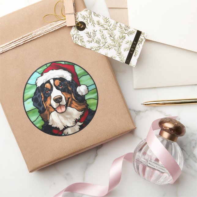 Bernese Mountain Stained Glass Christmas Classic Round Sticker (Gifting)