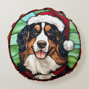 Bernese Mountain Stained Glass Christmas Round Cushion