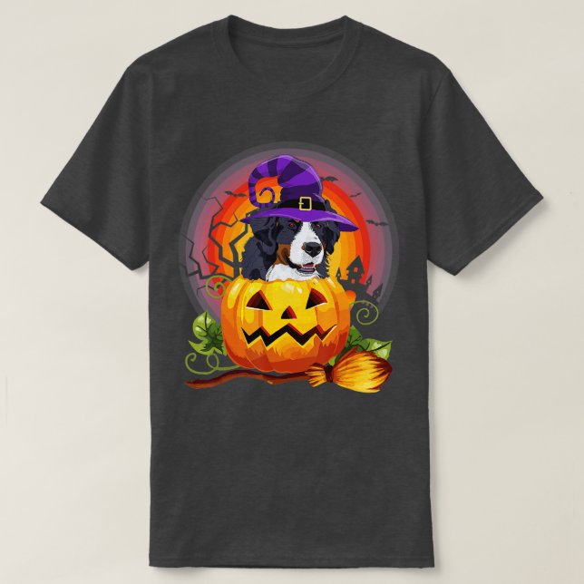 Bernese Mountain Witch Pumpkin Halloween Dog Lover T-Shirt (Design Front)