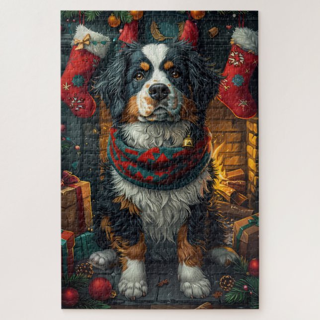 Bernese Mountain with Christmas Gifts Fireplace Jigsaw Puzzle (Vertical)