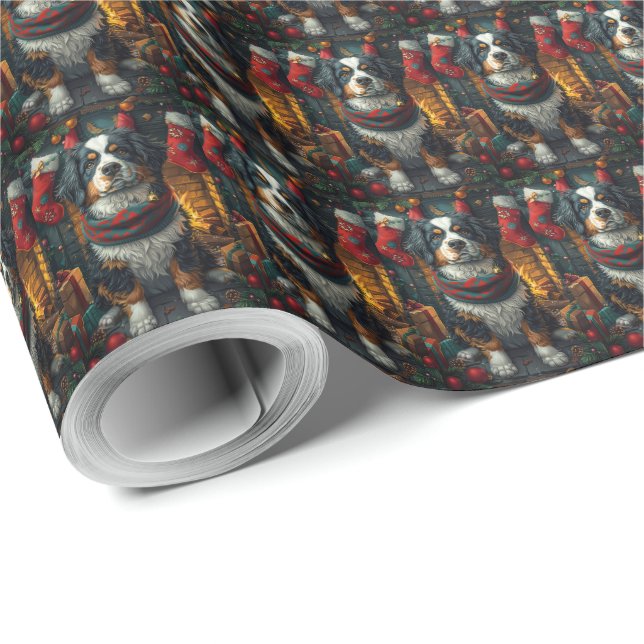 Bernese Mountain with Christmas Gifts Fireplace Wrapping Paper (Roll Corner)